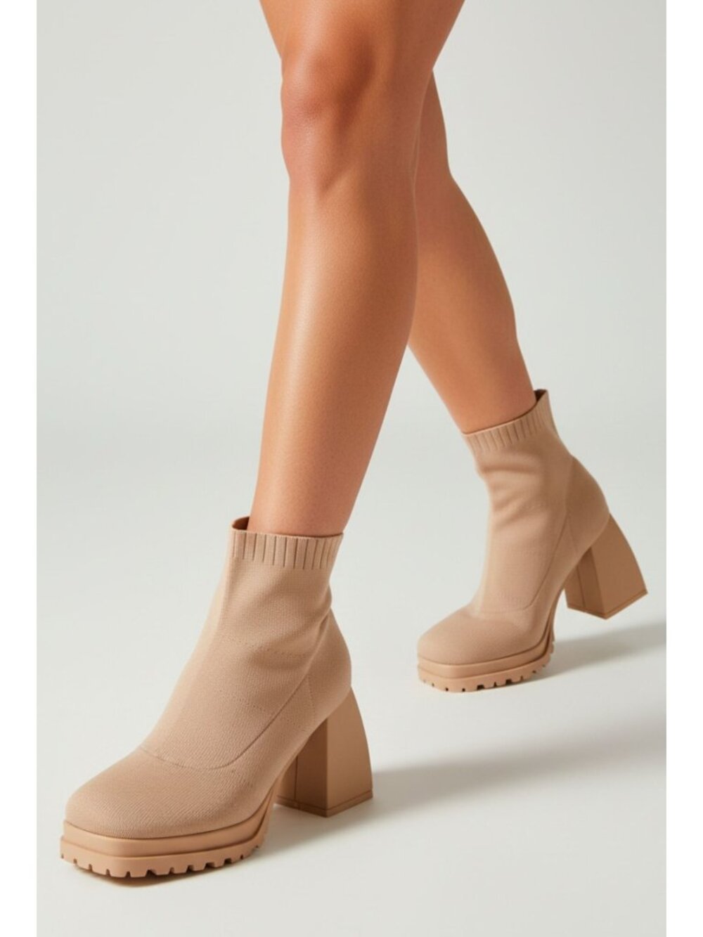 Chunky Heel Knit Ankle Boots Nude Lug Sole Sock Booties For Women